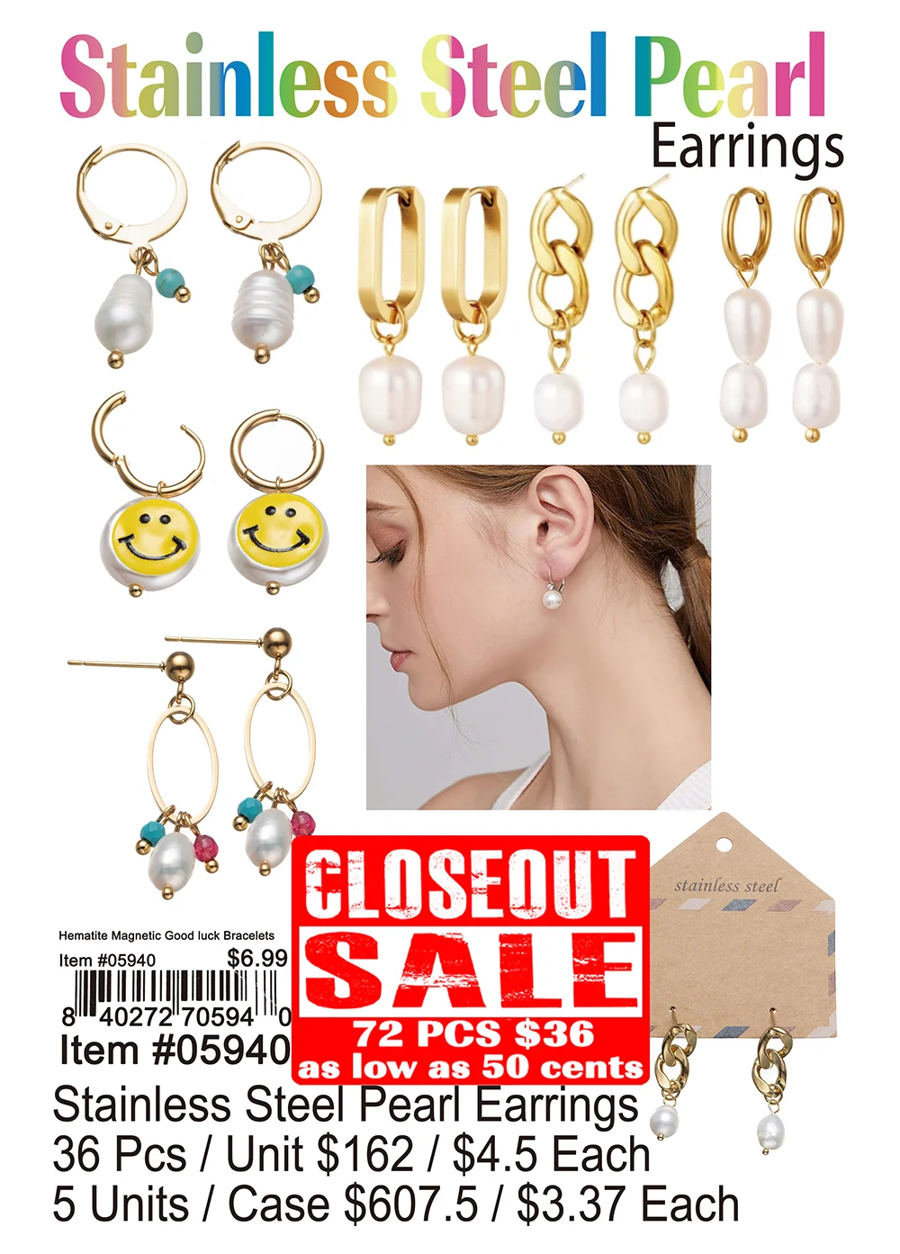 Stainless Steel Pearl Earrings - Closeout 72 Pcs.